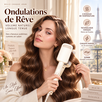 🥳💞 +48 000 vendues🔥💁‍♀️Fer à Boucler Ondulant 32 mm – Ion Négatif & Chauffe Rapide 10s, 4 Températures 160-220°C, Extinction Auto 60 min for des Ondulations Volume🎁