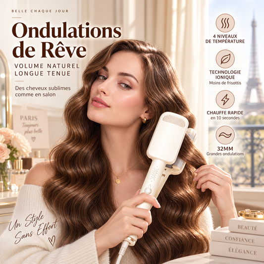 🥳💞 +48 000 vendues🔥💁‍♀️Fer à Boucler Ondulant 32 mm – Ion Négatif & Chauffe Rapide 10s, 4 Températures 160-220°C, Extinction Auto 60 min for des Ondulations Volume🎁