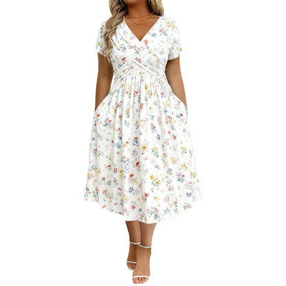 🌸 Robe fleurie à col en V avec nœud à la taille : élégante et décontractée, idéale pour toutes les occasions